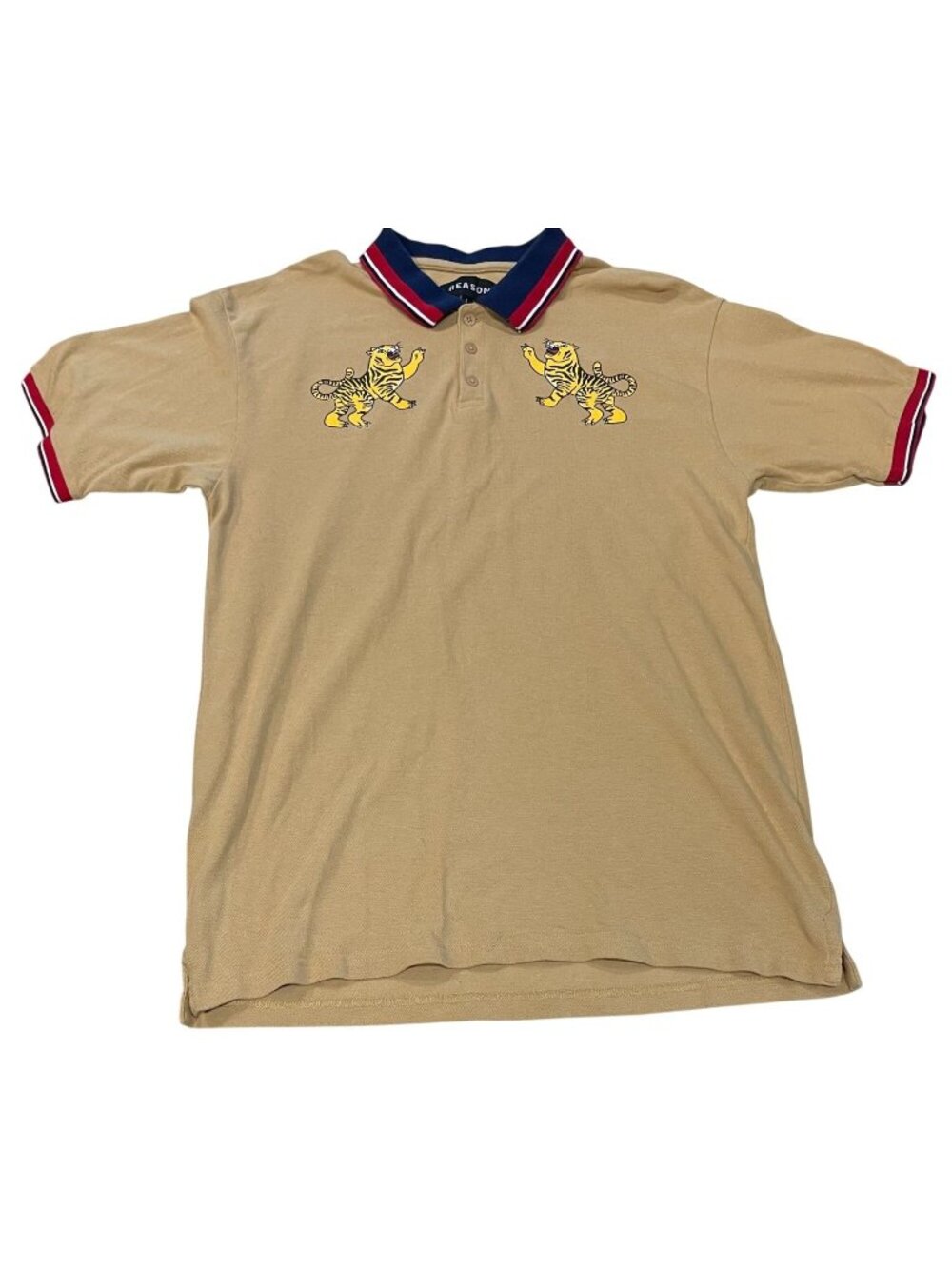 Reason Polo Shirt L Khaki Short Sleeves Embroidered Tiger Cotton Casual Everyday
